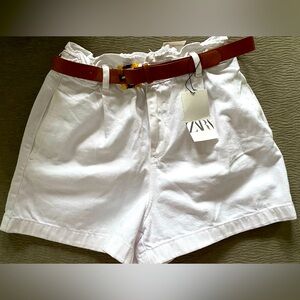 ZARA White Paperbag High Rise Denim Shorts with Belt - Size 10 - NEW